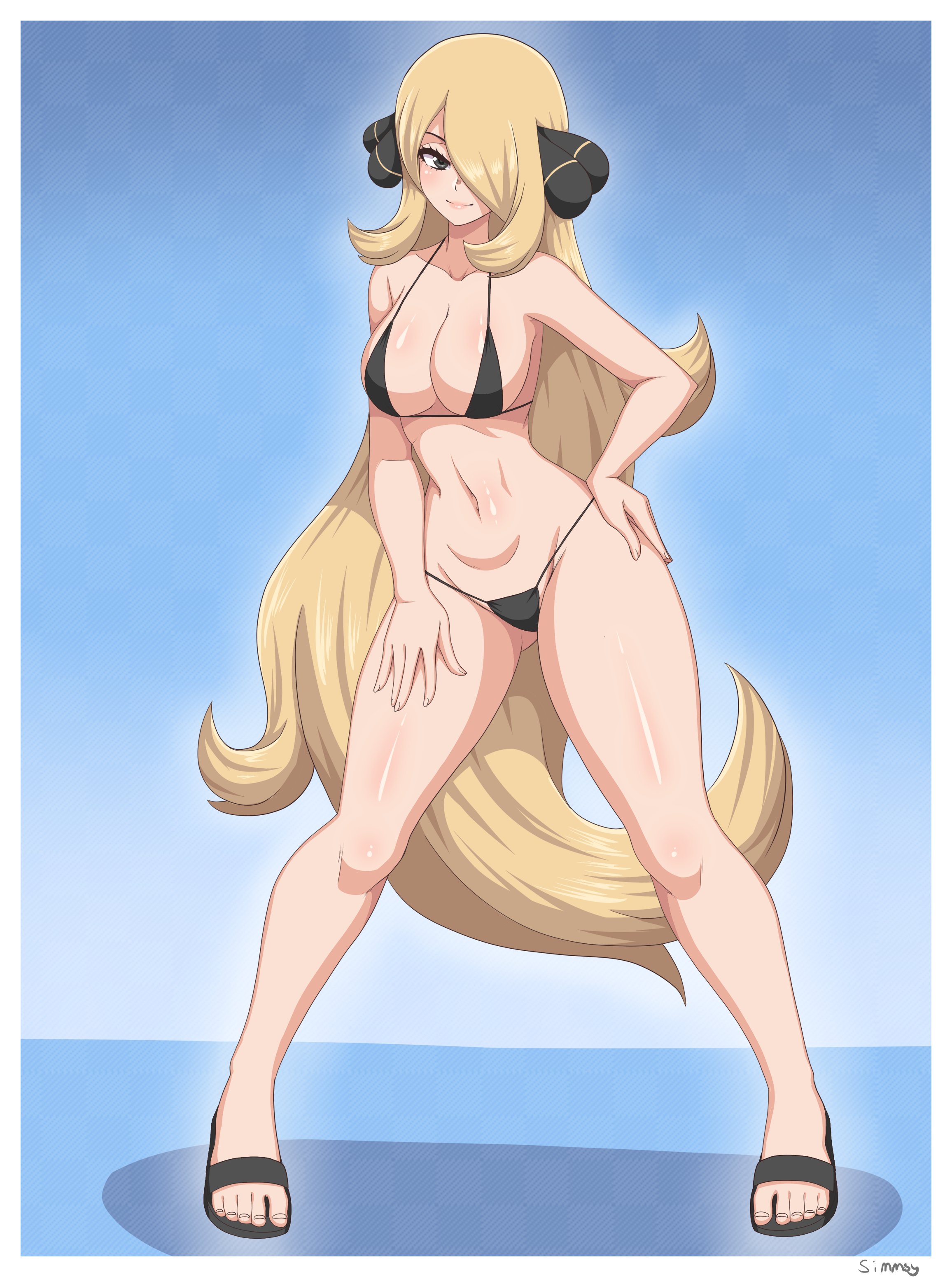 1girls, big breasts, bikini, black bikini, blonde hair, breasts, champion, cleavage, cynthia (pokemon), feet, female, female only, full body, hair over one eye, hand on hip, human, large breasts, long hair, looking at viewer, navel, nintendo, png version available, pokemon, pokemon champion, pokemon dppt, sandals, seductive look, shiny skin, simmsy, skimpy, skimpy bikini, smile, solo, very long hair, wide stance