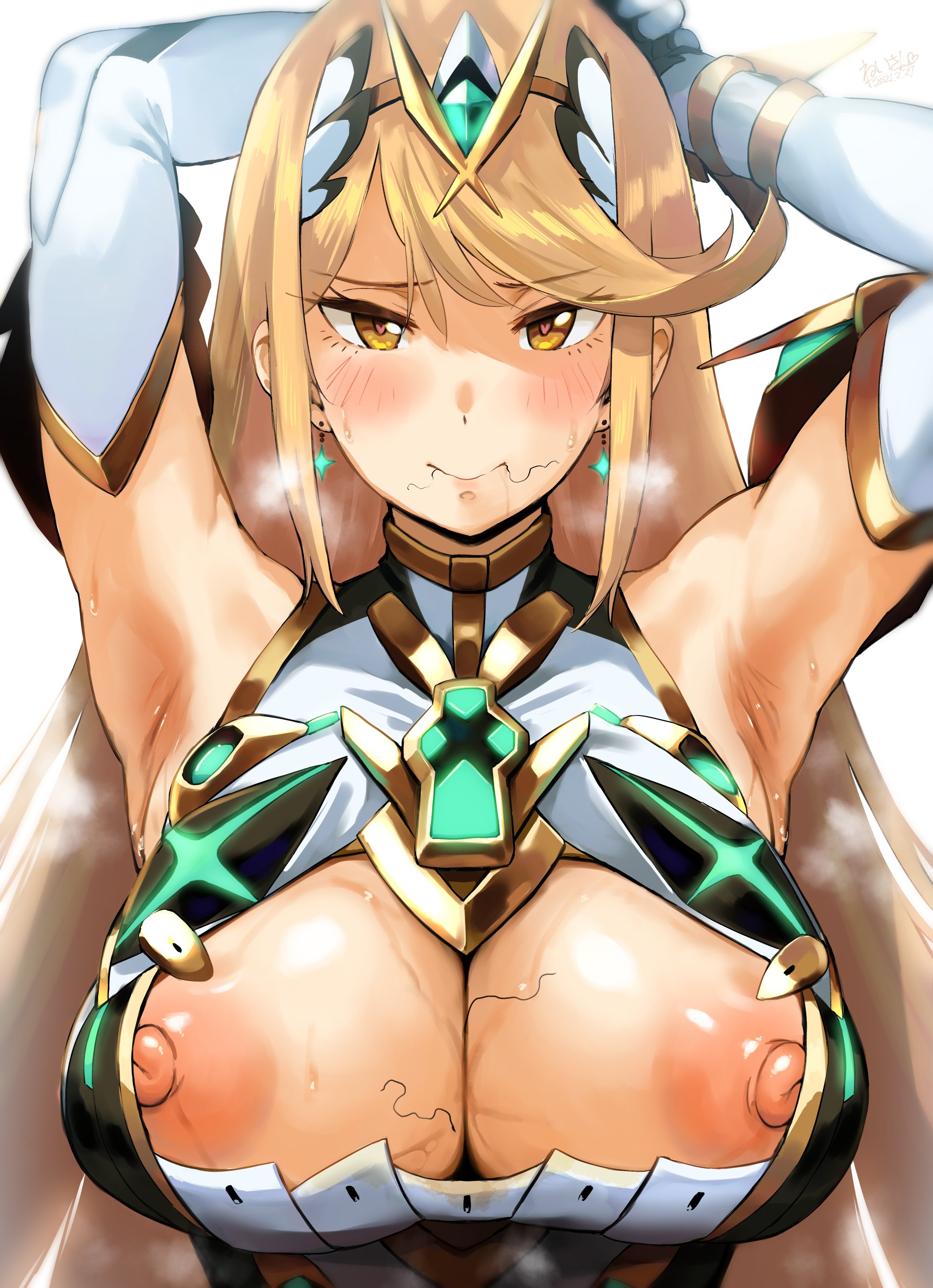 absurdres, armpits, big breasts, blonde hair, breasts, brown eyes, female, female focus, female only, hero neisan, high resolution, highres, large areolae, long hair, looking at viewer, looking away, mythra, neisa, nipples outside, nipples visible, pubic hair, pubic hair in mouth, pubic hair on breasts, solo, solo focus, stray pubic hair, xenoblade (series), xenoblade chronicles 2