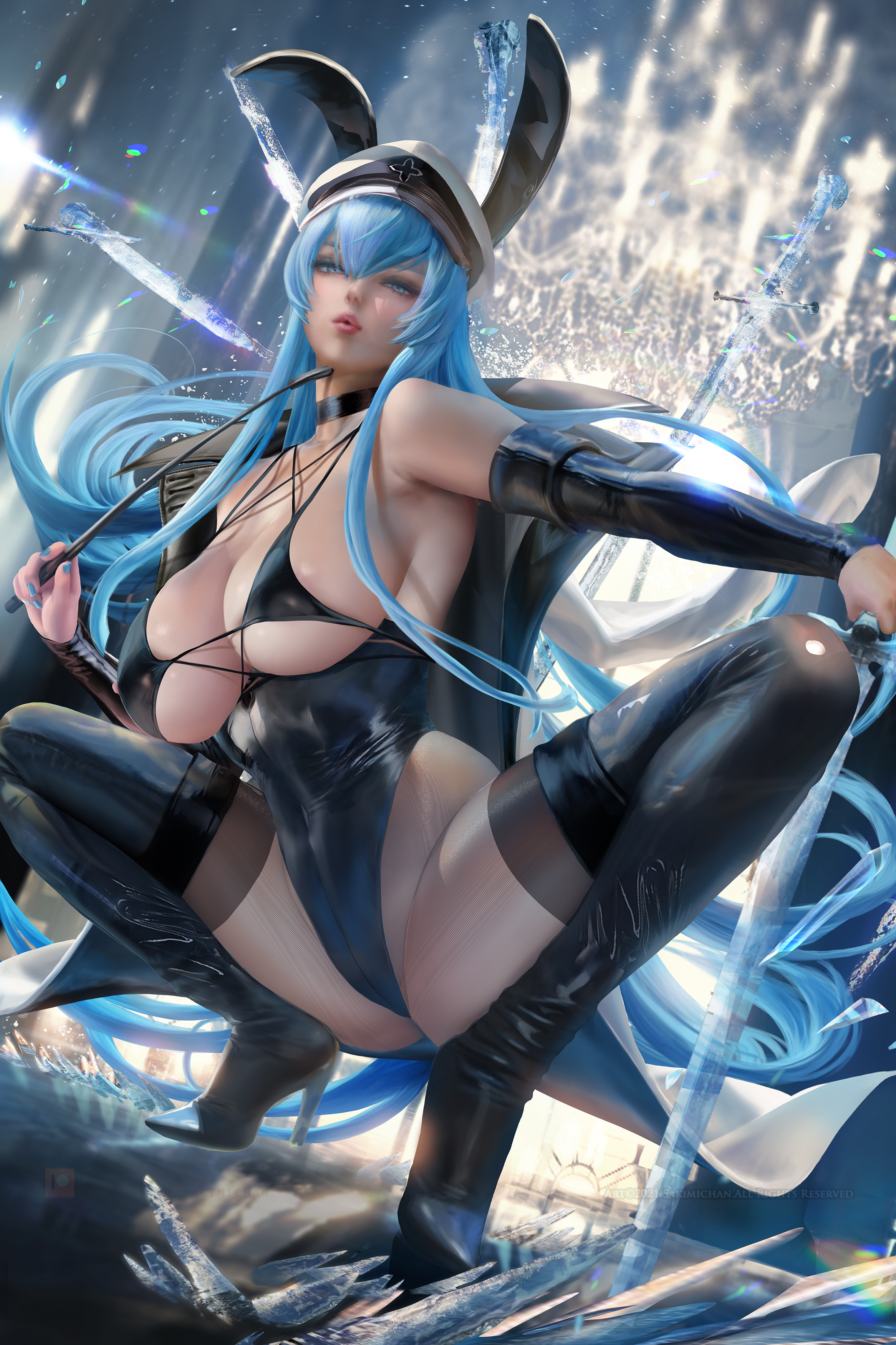 1girls, akame ga kill!, bikini top, blue eyes, blue hair, blush, breasts, bunny ears, curvaceous, curves, curvy, esdeath (akame ga kill!), fake animal ears, female, hi res, highres, huge breasts, human, large breasts, long hair, matching hair/eyes, realistic, sakimichan, squatting, thick thighs, thigh boots, thighhighs