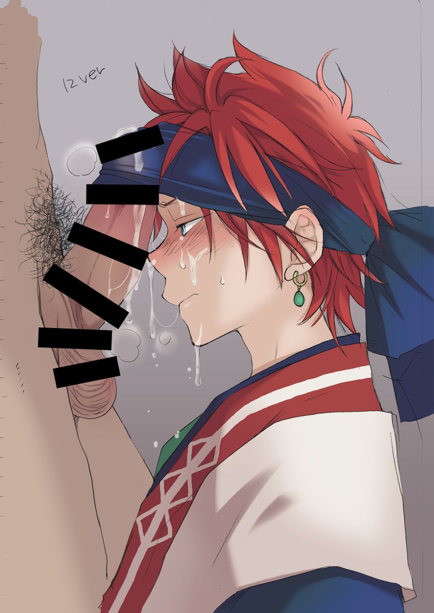2boys, big penis, blush, cum, cum on face, earrings, ensemble stars!, facial, femboy, male, male only, penis, penis under clothes, pubic hair, red hair, rinne amagi, yaoi