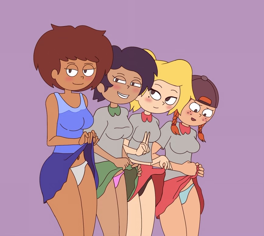 4girls amphibia anne_boonchuy artist_request black_hair black_panties blonde_hair blue_panties blush breasts brown_hair circle_skirt dark-skinned_female dark_hair dark_skin disney disney_channel female female_focus female_only green_skirt group human light-skinned_female light_blue_panties light_hair maggie maggie_(amphibia) marcy_wu miniskirt multiple_girls orange_hair pale_skin panties pink_panties purple_background quartet red_skirt saint_james_school_uniform sasha_waybright school_uniform schoolgirl short_hair skirt skirt_lift straight_hair taiwanese teenage_girl teenager thai underwear upskirt white_panties yellow_hair young