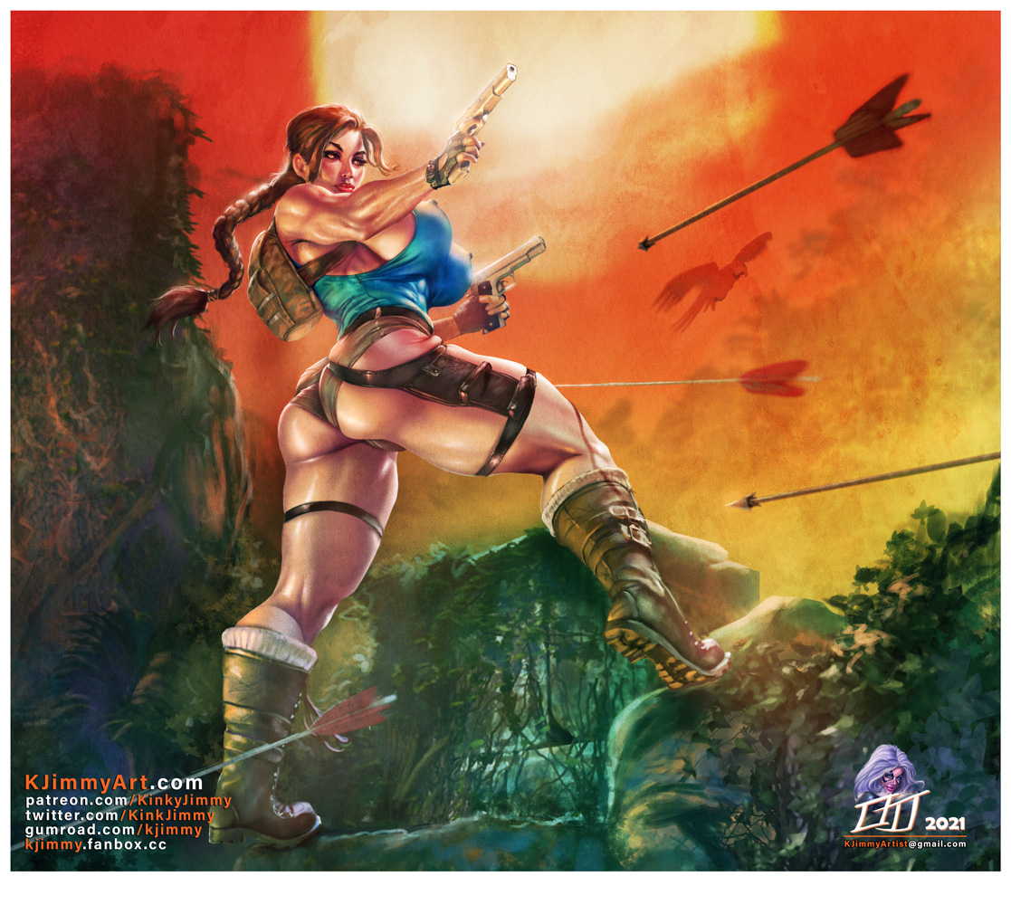 1girls, ass, ass hanging out, ass hanging out of shorts, bag, belt, big ass, booty shorts, clothing, female, female only, firearm, footwear, gun, handgun, handwear, holster, human, kinkyjimmy, lara croft, lara croft (classic), pale skin, short shorts, shorts, signature, solo, text, thick thighs, tomb raider, tomb raider (classic), weapon, wide hips