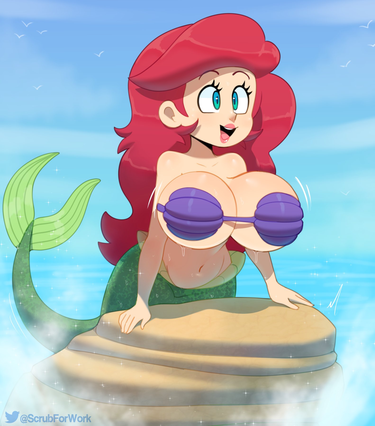 1girls, alternate breast size, aqua eyes, ariel, ariel (the little mermaid), big breasts, bikini, breasts, cleavage, disney, female, female only, huge breasts, large breasts, lipstick, marine, merfolk, mermaid, red hair, smile, solo, solo female, somescrub, teenage girl, the little mermaid, twitter, water, wet