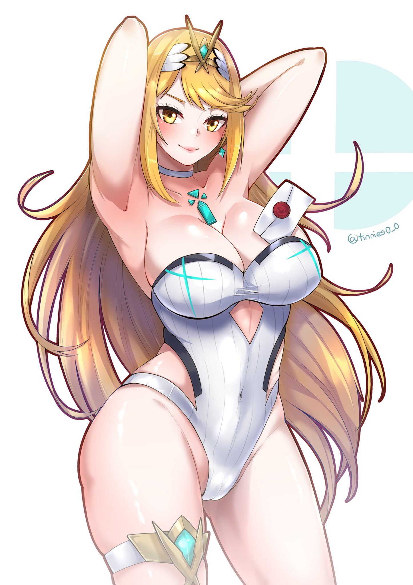1girls, armpits, big breasts, breasts, cleavage, female, female only, large breasts, looking at viewer, mythra, nintendo, solo, super smash bros., thick thighs, tinnies, wide hips, xenoblade (series), xenoblade chronicles 2