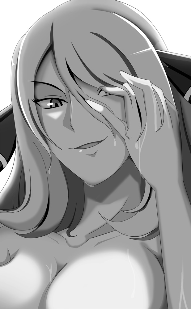 1girls, big breasts, black and white, breasts, cynthia (pokemon), female, game freak, hair ornament, human, long hair, naked, nintendo, pokemon, pokemon champion, pokemon dppt, seductive, seductive smile, shower, tagme, vivivoovoo, water, wet