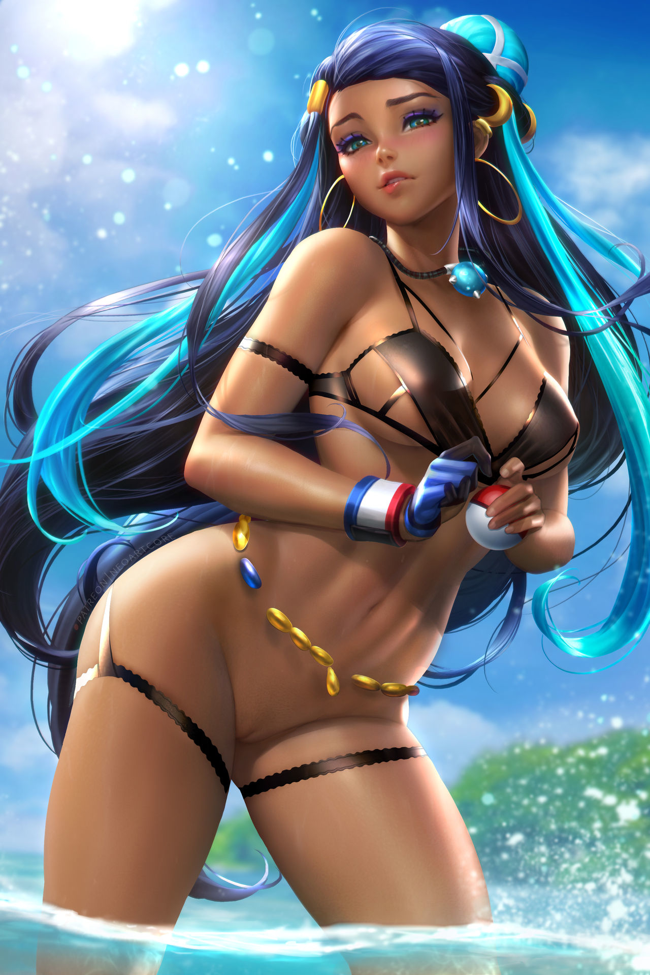 1girls, abs, alternate breast size, belly, belly chain, belt, biting lip, blue eyes, blue hair, bottomless, bra, breasts, dark skin, dark-skinned female, ear piercing, earrings, eye contact, female, fit, functionally nude, game freak, gloves, gym leader, hair over one eye, hoop earrings, human, jewelry, large breasts, lingerie, long hair, looking at viewer, mostly nude, navel, necklace, neoartcore, nessa (pokemon), nintendo, nude, nude beach, outdoors, paid reward, patreon reward, pokemon, pokemon ss, pussy, shaved pussy, solo, source request, topless, uncensored, water, wet