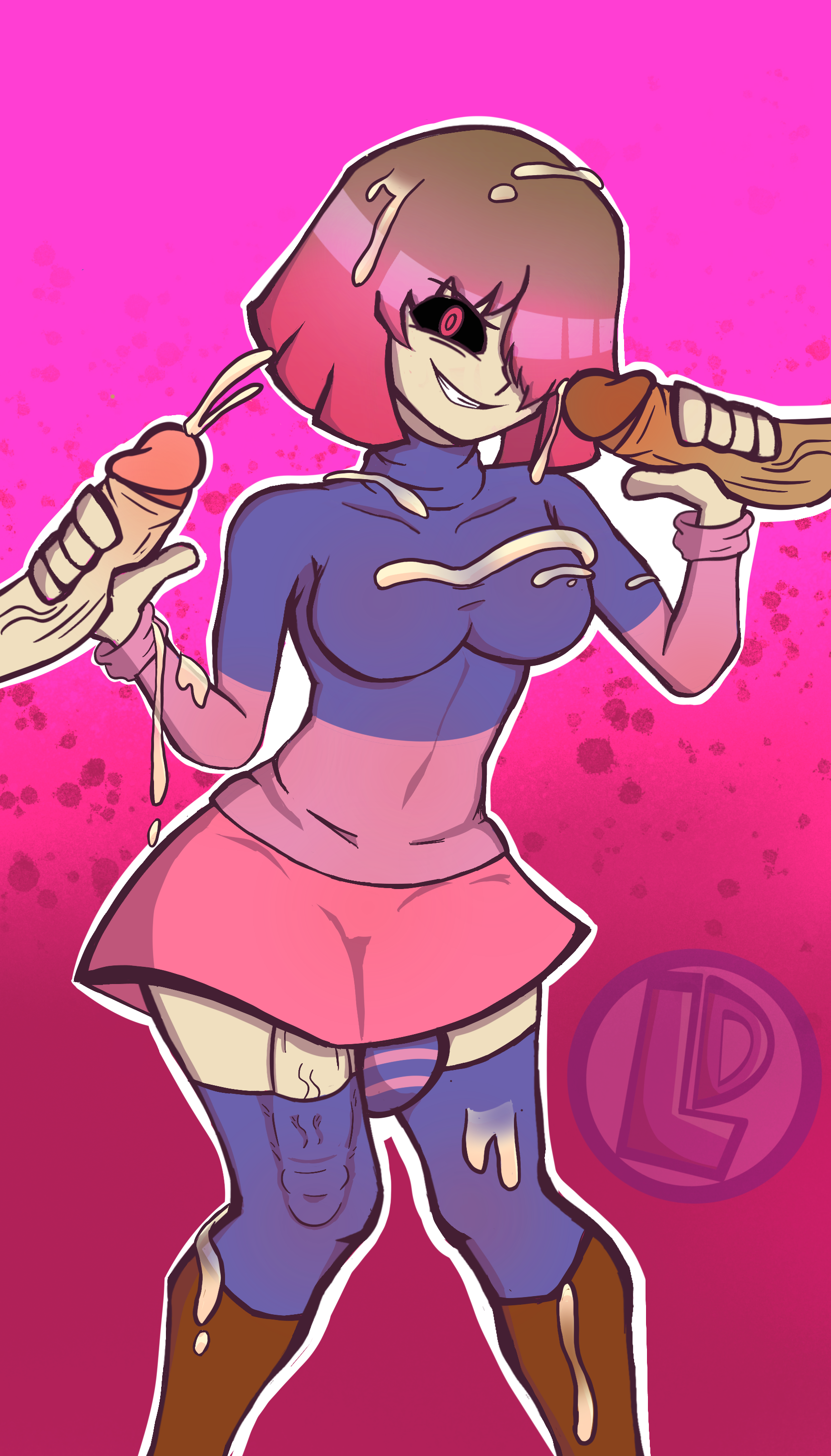 1futa, 2boys, balls, balls bulge, balls in panties, bete noire, big breasts, big penis, black sclera, bob cut, breasts, bulge, chara, clothed, clothing, cum, cum in hair, cum on body, cum on breasts, cumshot, dickgirl, double handjob, frisk, futa focus, futanari, glitchtale, hair over one eye, half-erect, handjob, human, intersex, loodie doodie, male, male chara, male frisk, mostly clothed, naked, nipples, pale skin, panties, panty bulge, penis, penis in thighhighs, pink eyes, pink hair, smirk, standing, thick thighs, thighhighs, undertale, undertale (series), undertale fanfiction