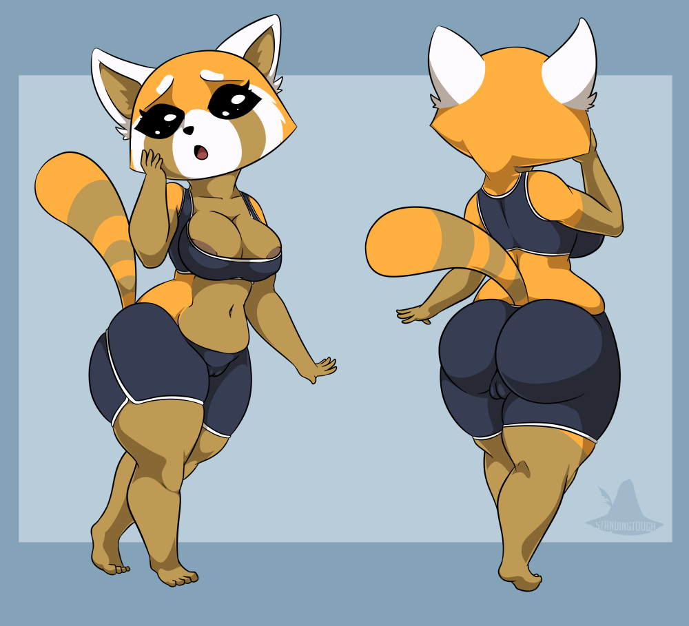 aggressive_retsuko ailurid anthro areola areola_slip ass big_breasts big_butt breasts camel_toe female genitals huge_butt looking_at_viewer mammal nipple_slip nipples red_panda retsuko sanrio shocked simple_background smooth_fur solo standing standing_tough sweat_pants thick_thighs wide_hips