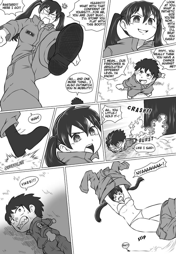 black hair, bra, comic, enen no shouboutai, female, fire, fire force, giantess, gtstamago, kotatsu tamaki, kusakabe shinra, larger female, macro, male, monochrome, panties, size difference, smaller male, text, twintails, undressing