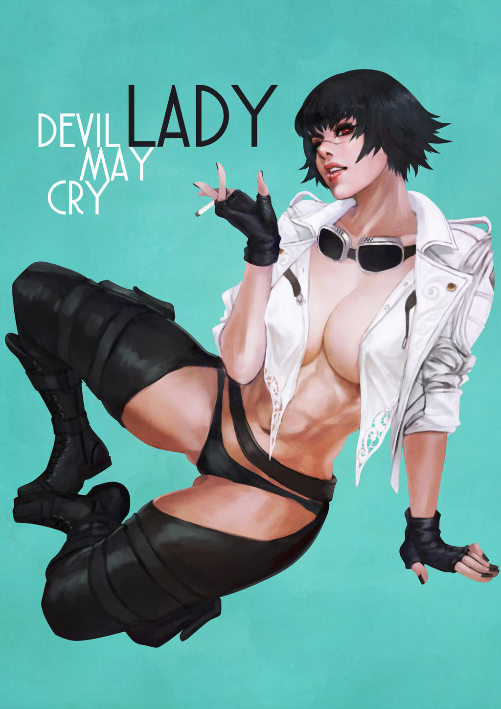 1girls, black hair, capcom, devil may cry, devil may cry (series), devil may cry 5, female, female focus, female only, heterochromia, lady (devil may cry), monorirogue, pinup, pinup pose, pose, posing, short hair, solo