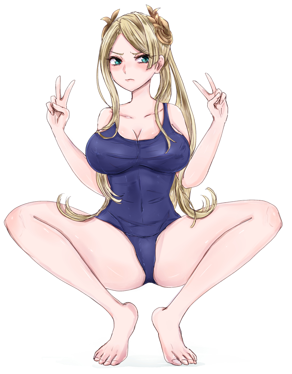 asymmetrical_hair big_breasts blonde_hair green_eyes hair_ornament legs_apart long_hair nervous nier:_automata one-piece_swimsuit peace_sign ponytail swimsuit usachess_maru yorha_commander