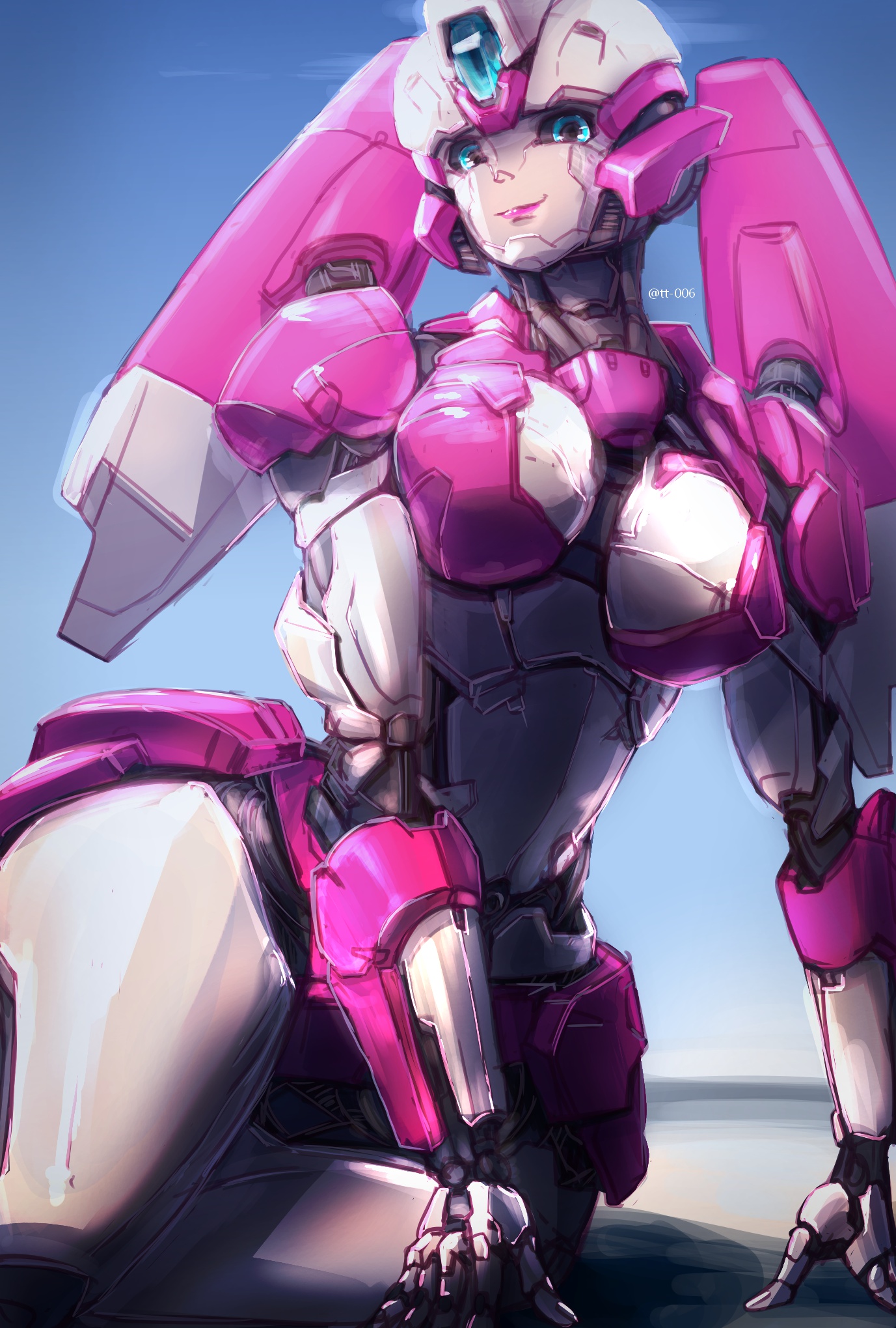 1girls, 2d, all fours, arcee, artist request, big breasts, blue eyes, breasts, curvy, curvy body, curvy female, curvy figure, curvy hips, female, female only, front view, looking at viewer, mechanical, pink lips, posing, robot, robot girl, solo, solo female, tagme (artist), thick thighs, transformers