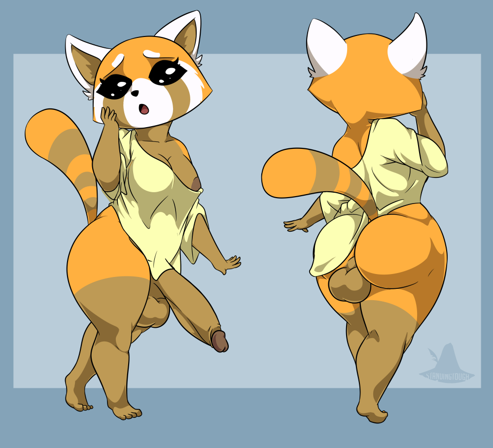 aggressive_retsuko ailurid anthro ass balls big_breasts big_butt bottomless breasts clothed clothing genitals gynomorph huge_butt intersex looking_at_viewer mammal nipples red_panda retsuko sanrio shirt shocked simple_background smooth_skin solo standing standing_tough thick_thighs topwear wide_hips