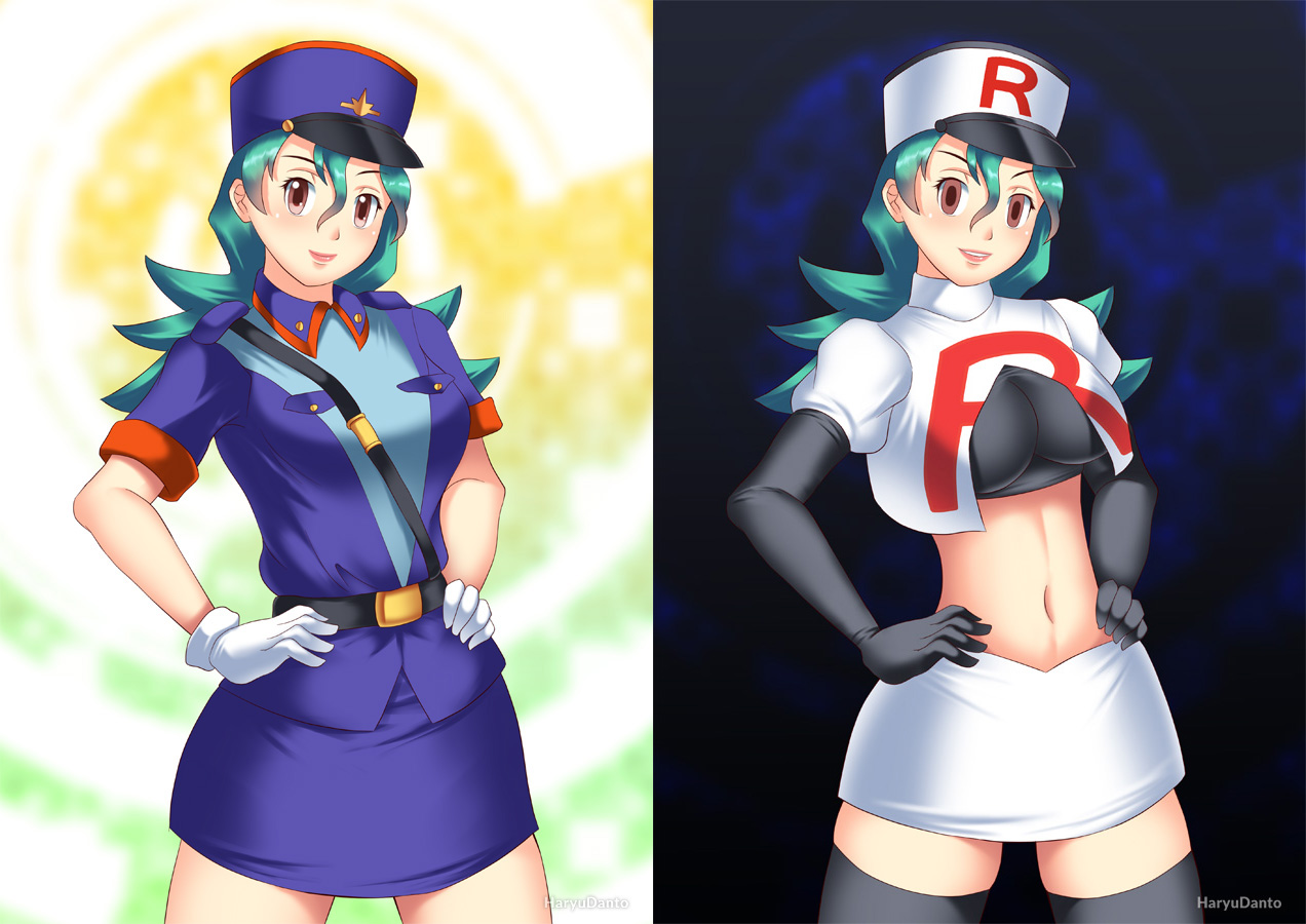 1girls, before and after, belly button, corruption, elbow gloves, enemy conversion, female, fully clothed, gloves, green hair, haryudanto, hat, hypnotic eyes, light skin, light-skinned female, midriff, mind control, nintendo, officer jenny (pokemon), pale skin, pale-skinned female, pokemon, police officer, police uniform, policewoman, smile, team rocket, thighhighs