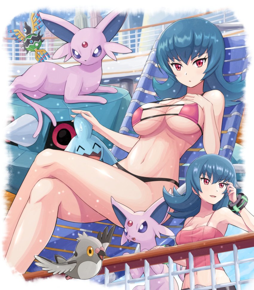 absurdres bangs bare_arms belt bikini black_bikini blue_hair bracelet breasts building cleavage collarbone day espeon eyebrows_visible_through_hair eyelashes female fence game_freak gym_leader highres jewelry knees large_breasts legs_crossed long_hair looking_at_viewer looking_to_the_side lying medium_breasts metang multiple_views navel nintendo on_back open_mouth outdoors pidove pink_eyes pokémon_(species) pokemoa pokemon pokemon_(game) pokemon_hgss sabrina_(pokemon) sabrina_(pokemon_hgss) shiny shiny_skin sigilyph smile square_bikini swimsuit tongue wynaut