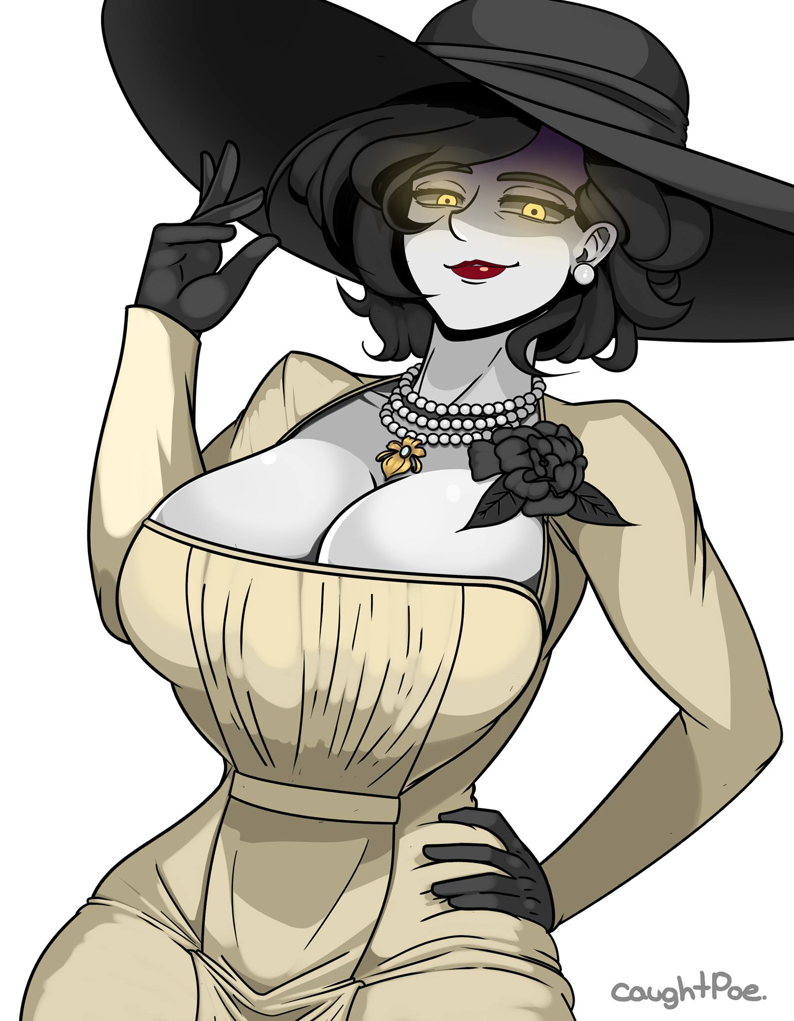 1girls, alcina dimitrescu, big breasts, black hair, breasts, caughtpoe, cleavage, clothed, female, large breasts, lipstick, looking at viewer, resident evil, resident evil 8: village, smile, solo, white background, white body, white skin, yellow eyes