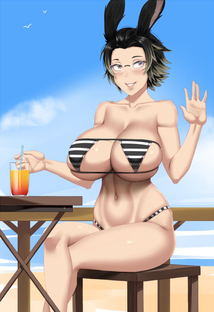1girls, animal ears, bikini, breasts, bunny ears, cleavage, female, female only, final fantasy, final fantasy xiv, glasses, huge breasts, solo, twrlare, viera