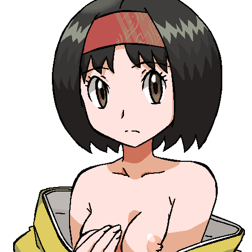 blush breasts erika_(pokemon) face female gomatarou gym_leader japanese_clothes kimono looking_at_viewer lowres nintendo nipples no_bra pokemon pokemon_rgby shirt_lift simple_background solo upper_body white_background