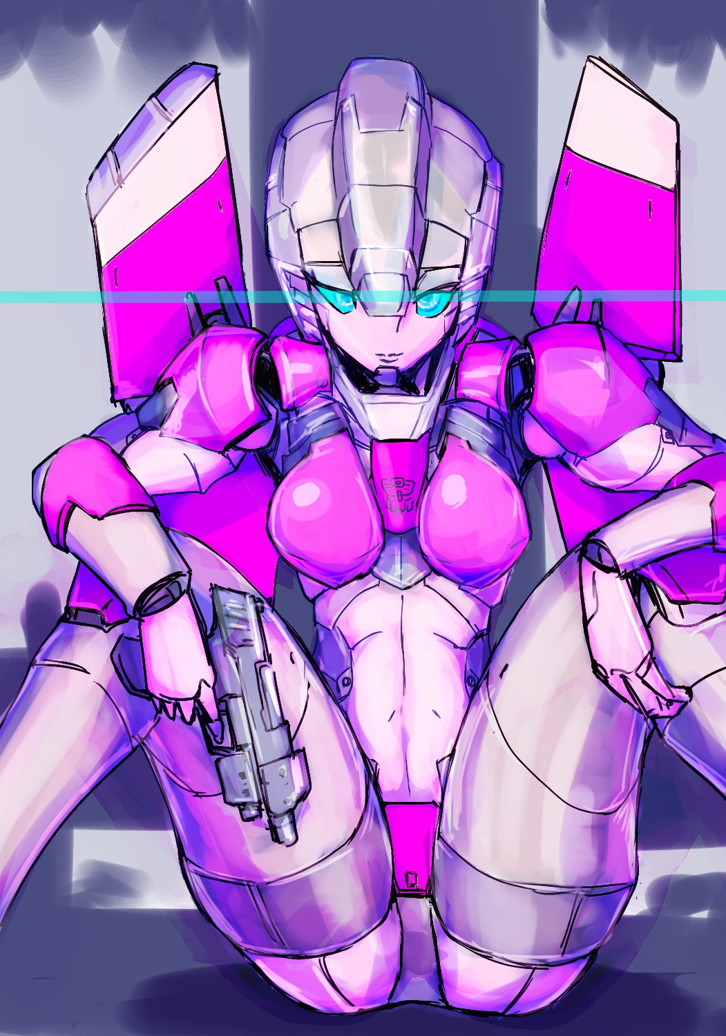 1girls, 2d, arcee, arcee (g1), artist request, blaster, blue eyes, breasts, curvy, curvy body, curvy female, curvy figure, female, female only, glare, gun, looking at viewer, mechanical, medium breasts, open legs, pink body, robot, robot girl, serious look, sitting, solo, solo female, tagme (artist), thick legs, thick thighs, transformers