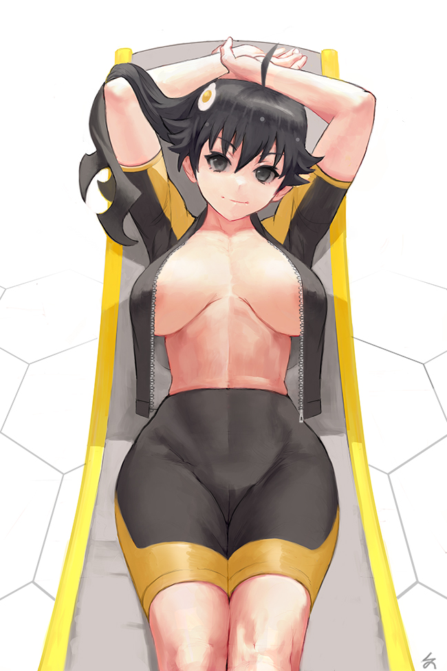 abs, araragi karen, arms up, black hair, breasts, cameltoe, cleavage, cutesexyrobutts (style), female, female focus, female only, hair ornament, monogatari (series), no bra, pussy, simple background, solo, solo focus, tight clothes, white background, zefra bleu