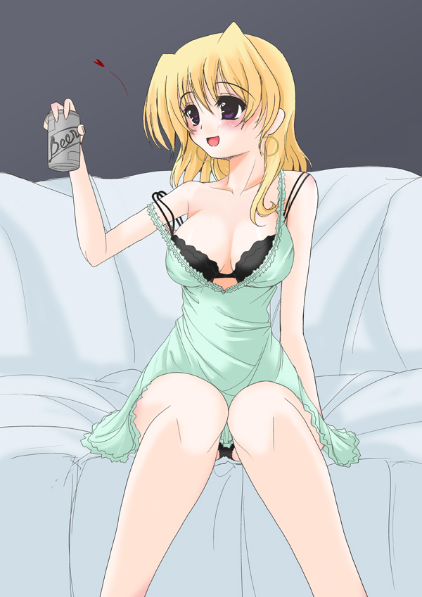 blonde_hair blush bra breasts cleavage female female_only frapowa hair heart human lingerie lyrical_nanoha mahou_shoujo_lyrical_nanoha mahou_shoujo_lyrical_nanoha_a's mahou_shoujo_lyrical_nanoha_strikers panties pantyshot purple_eyes shamal short_hair sitting solo strap_slip underwear