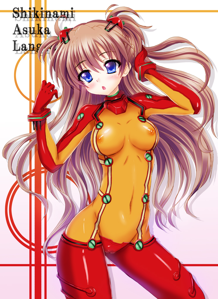 asuka_langley_sohryu blue_eyes blush breasts brown_hair cameltoe clothing erect_nipples erect_nipples_under_clothes female female_only hair human kamishiro_ryuu long_hair medium_breasts navel neon_genesis_evangelion nipples plugsuit rebuild_of_evangelion see-through see-through_clothing skin_tight solo test_plugsuit