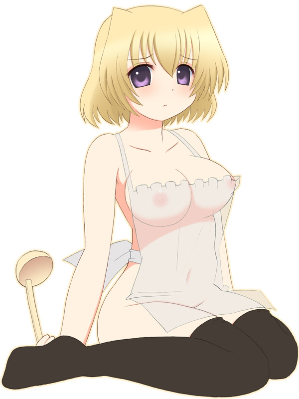 apron blonde_hair kurappii ladle lyrical_nanoha mahou_shoujo_lyrical_nanoha mahou_shoujo_lyrical_nanoha_a's mahou_shoujo_lyrical_nanoha_strikers naked_apron nipples nude purple_eyes see-through shamal short_hair thighhighs