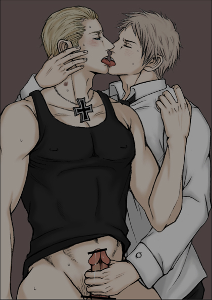 2boys axis_powers_hetalia bar_censor bottomless cross_necklace germany_(hetalia) gilbert_weillschmidt handjob kissing ludwig_weillschmidt male_only prussia_(hetalia) tank_top