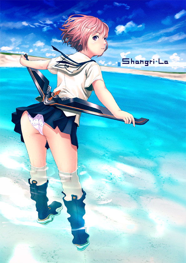 boomerang boots clothing cloud hojo_kuniko houjou_kuniko looking_back ocean panties pantyshot pink_hair polka_dot polka_dot_panties purple_eyes school_uniform shangri-la short_hair skirt sky tonbo underwear wading water