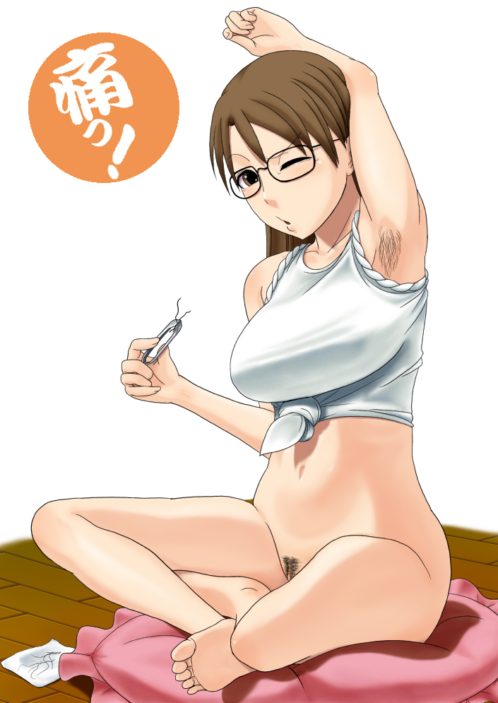 1girls azumanga_daiou clothing female female_armpit_hair female_only glasses human koyomi_mizuhara plucking pubic_hair solo tagme translation_request tweezers tweezing_hair white_background