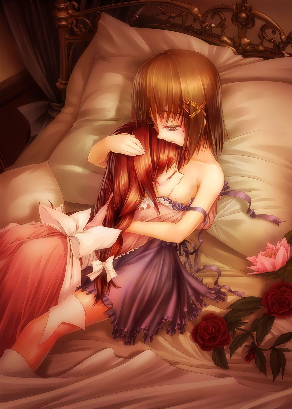 apron bed braid breast_sucking breasts brown_hair female flat_chest flower hayate_yagami highres hug human lyrical_nanoha mahou_shoujo_lyrical_nanoha mahou_shoujo_lyrical_nanoha_a's mahou_shoujo_lyrical_nanoha_strikers multiple_girls mutual_yuri pillow red_hair ribbon rose tear twin_braids vita yuri