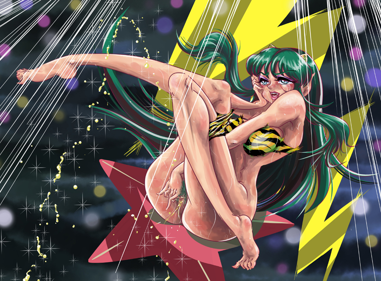 1girls 2009 armpits ass ayako_(pixiv1127953) barefoot bikini_pull blue_eyes breasts cute_fang female green_hair hand_on_another's_face hand_on_face hips horns humanoid large_breasts light-skinned_female light_skin lightning_bolt long_hair lum masturbation natanunosoru oni open_mouth peeing pointy_ears princess pubic_hair pussy smile solo sparkle squirting star tear urusei_yatsura