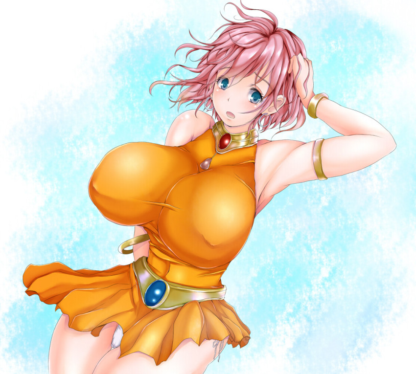 adjusting_hair armlet armpit bare_shoulders blue_eyes blush breasts collar dress earrings female female_only final_fantasy final_fantasy_five final_fantasy_v huge_breasts human jewelry large_breasts lenna_charlotte_tycoon necklace open_mouth panties pink_hair sayaka_haore_no_yome short_hair short_skirt solo thighs