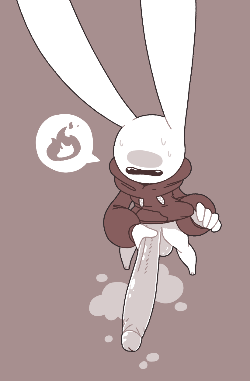 anthro brown_background brown_clothing cum_puddle fire high-angle_view holding_penis hoodie huge_cock lagomorph limited_palette long_ears long_penis male male_only musk nsfwoaf oaf_(nsfwoaf) penis rabbit rabbit_boy rabbit_ears retracted_foreskin startled sweat sweatdrop