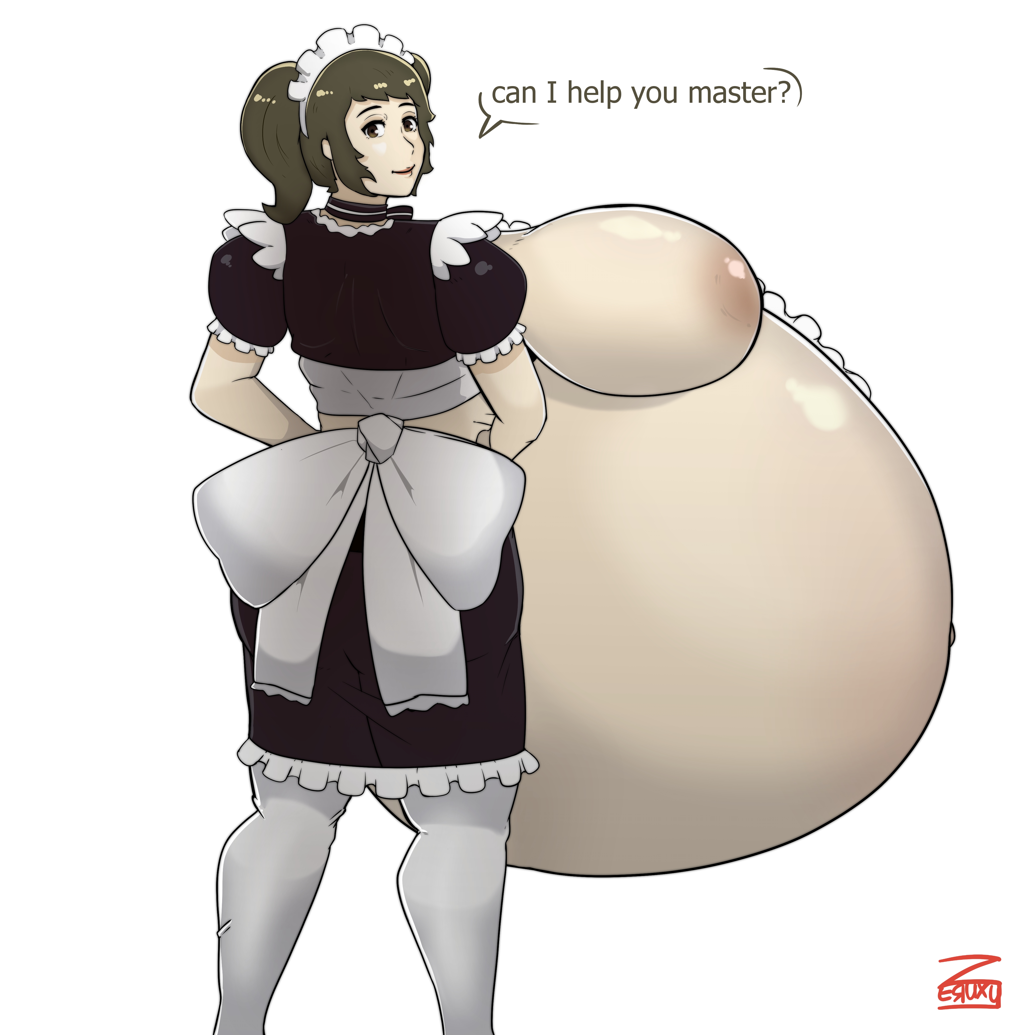 1girls, atlus, back view, becky (persona), belly, big belly, big breasts, breasts, brown hair, clothed, clothing, female, female only, hyper pregnancy, maid, maid uniform, persona, persona 5, pregnant, ready to pop, sadayo kawakami, short hair, skirt, solo, solo female, standing, tagme, white background, zeruxu