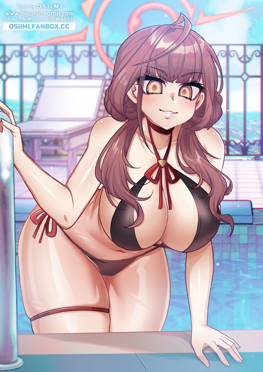 aru (blue archive), big breasts, bikini, blue archive, breasts, curvy, female, gehenna academy student, halo, huge breasts, looking at viewer, osiimi, pool, problem solver 68 (blue archive), red hair, side-tie bikini, swimsuit, thick thighs, thigh strap