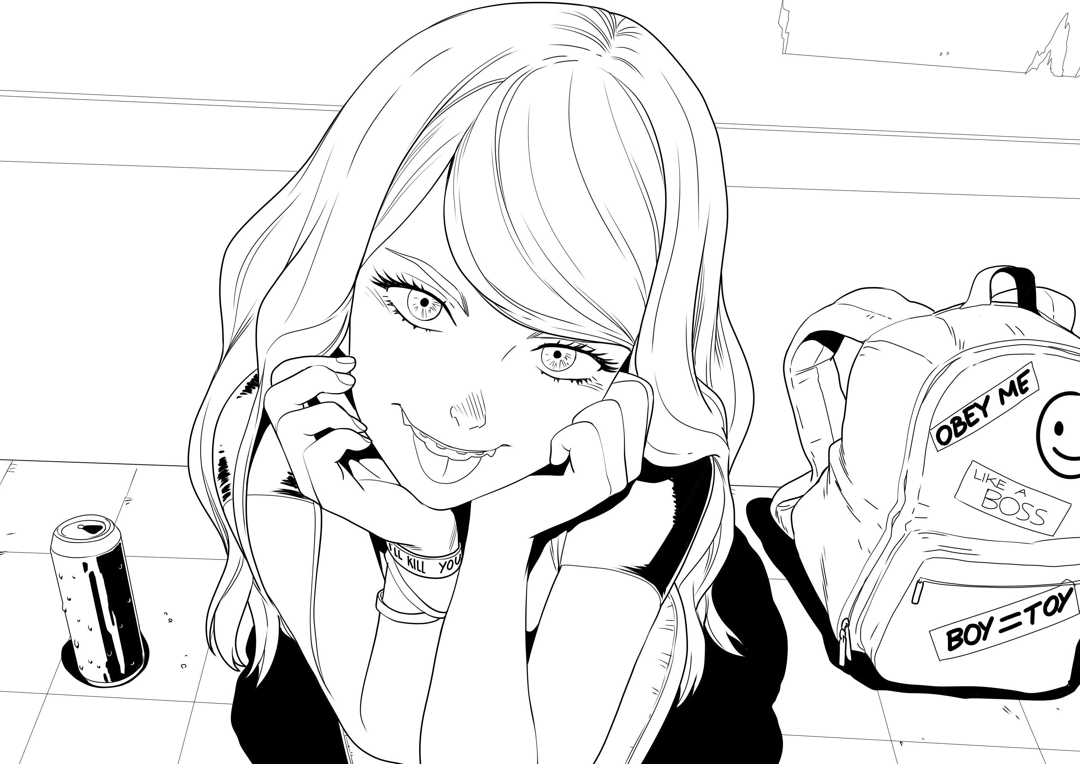:p, 1girls, backpack, bracelet, braces, can, drink can, female, female only, line art, long hair, looking at viewer, monochrome, open eyes, original, shadow, smile, smiley face, solo, solo female, sticker, tammy (tekuho), tekuho
