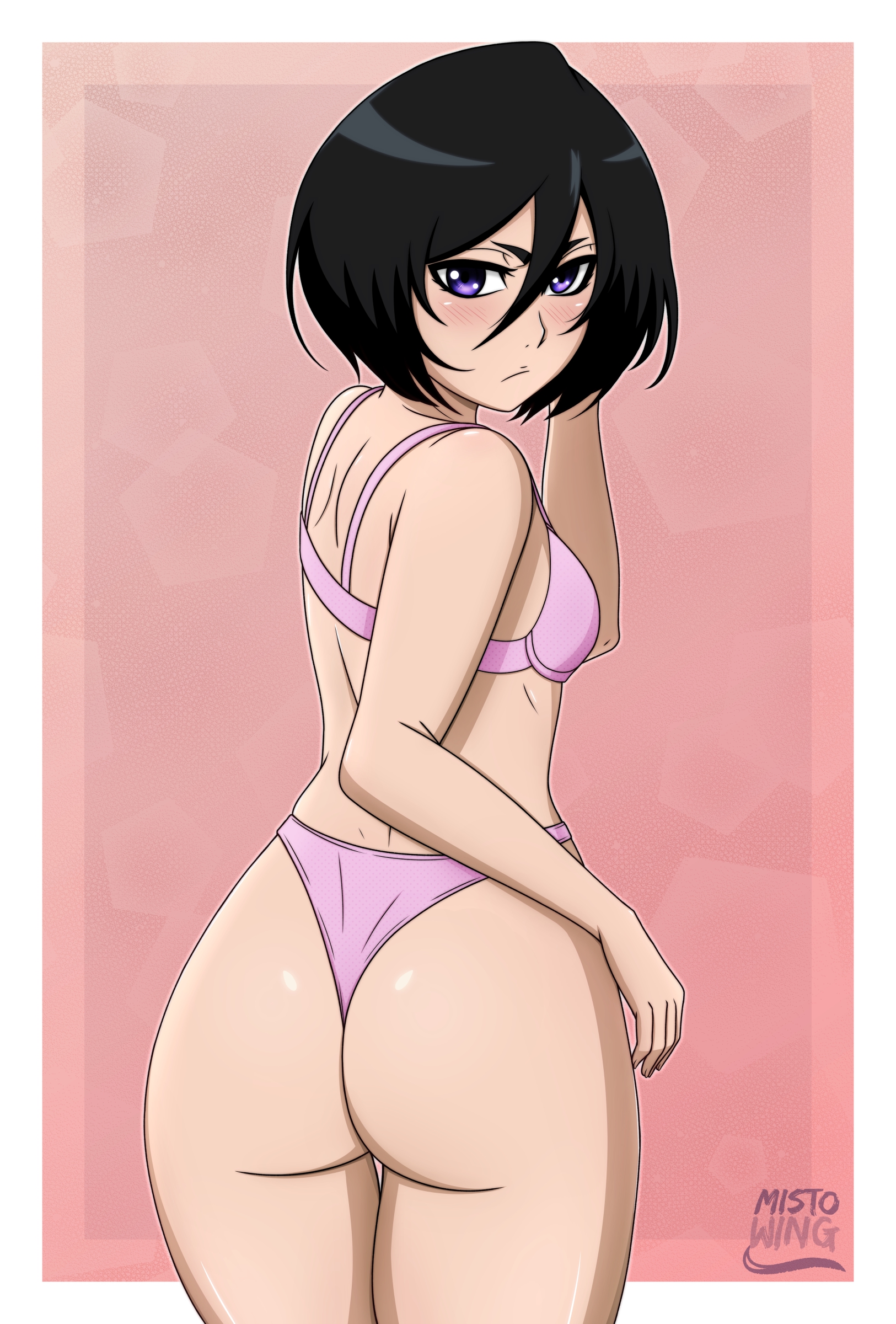 1girls, ass, back view, bare shoulders, big ass, black hair, bleach, blush, bra, breasts, female, female only, from behind, kuchiki rukia, long hair, looking at viewer, looking back, mistowing, multicolored background, off shoulder, panties, purple bra, purple eyes, purple panties, small breasts, thong, underwear, watermark, wide hips