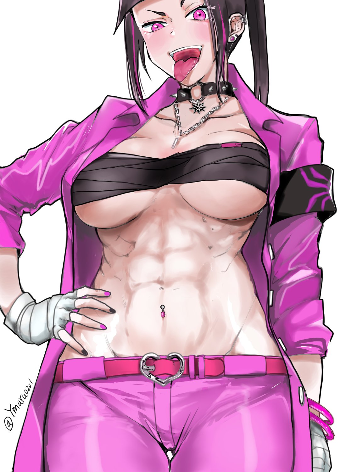 abs, alternate costume, artist request, bare midriff, big breasts, black hair, breasts, bursting breasts, busty, capcom, cleavage, earrings, female, hourglass figure, juri han, large breasts, navel, navel piercing, overflowing breasts, piercing, pinup, pinup pose, standing, street fighter, underboob, wide hips