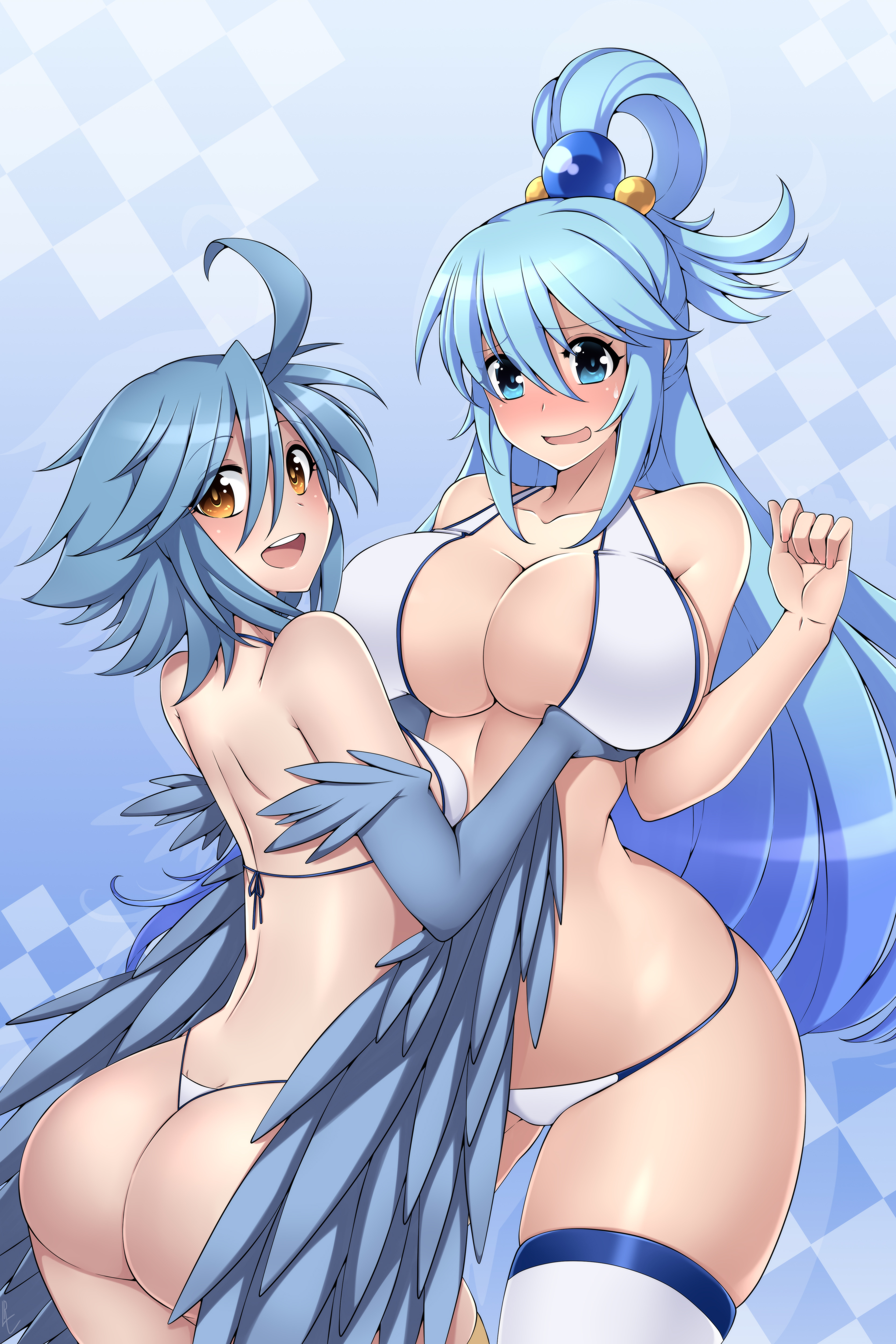 2girls, absurd res, aqua (konosuba), ass, big breasts, blue hair, blue theme, breasts, crossover, female, female only, goddess, harpy, hi res, interspecies, kono subarashii sekai ni shukufuku wo!, larger female, lindaroze, monster girl, monster musume no iru nichijou, papi (monster musume), smaller female, thick thighs, wide hips, wings, yuri
