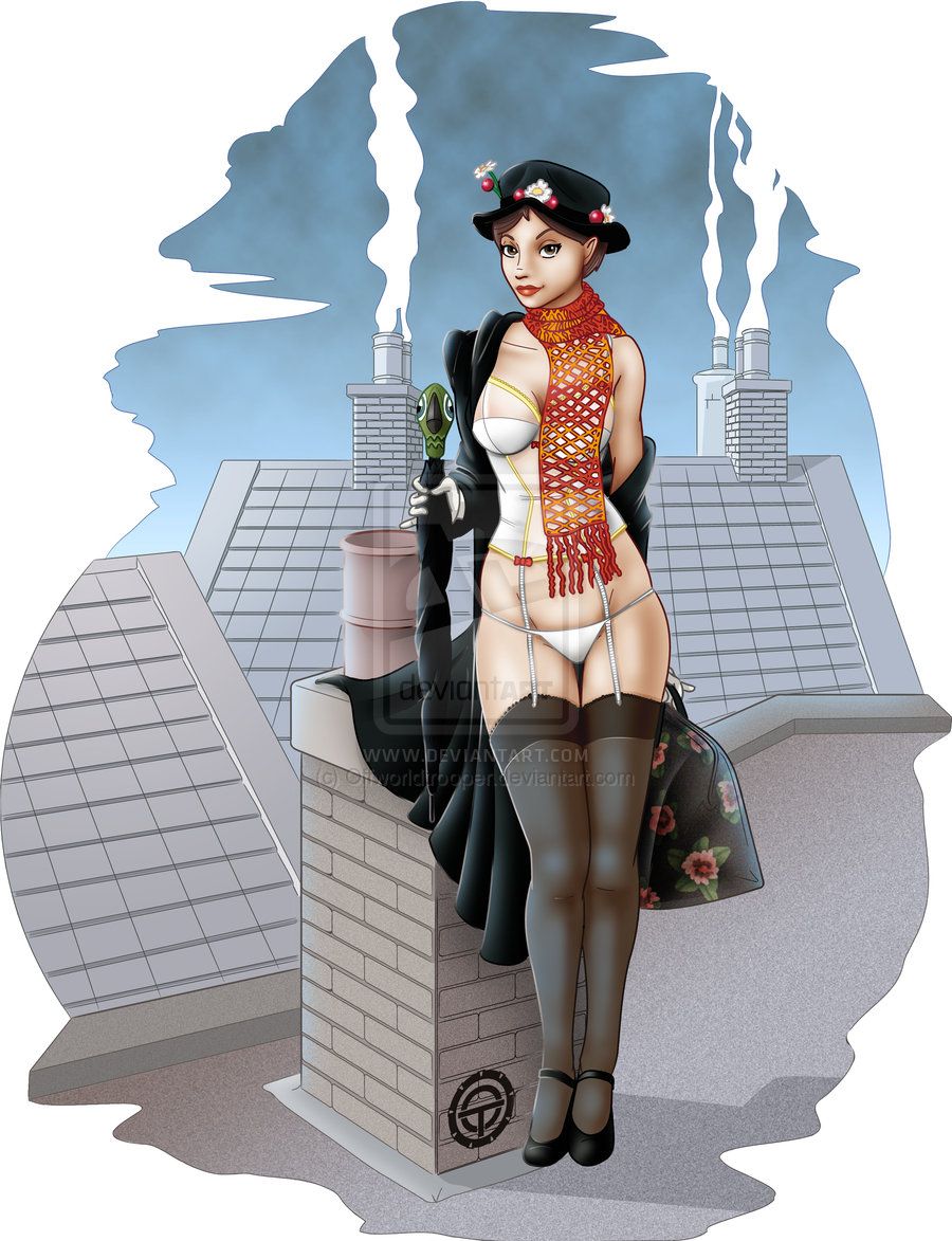 1girls bra chimney clothing deviantart disney female female_only garter_straps hat looking_at_viewer mary_poppins mary_poppins_(character) offworldtrooper panties partially_clothed rooftop standing stockings umbrella white_bra white_panties