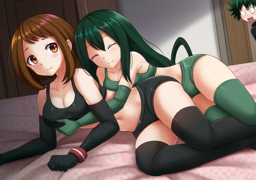 1boy 2girls armwear breast_grab breasts brown_eyes brown_hair caught female grabbing grabbing_from_behind green_hair izuku_midoriya kazenokaze laying_down laying_on_bed legwear long_hair my_hero_academia ochako_uraraka panties short_hair smile tsuyu_asui underwear yuri