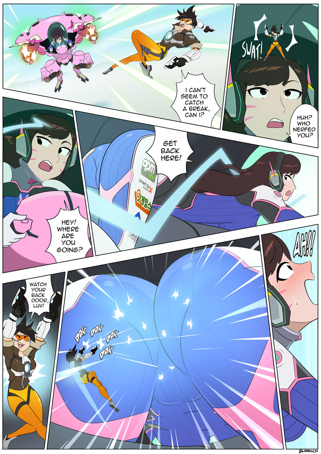 2girls, ass, blush, comic, d.va, dangerking11, female, female only, giantess, goggles, huge ass, macro female, meka, micro female, micro on macro, multiple females, multiple girls, orange-tinted eyewear, overwatch, overwatch 2, pleasure face, shrinking, shrunken female, thick thighs, tinted eyewear, tokki (overwatch), tracer, visor