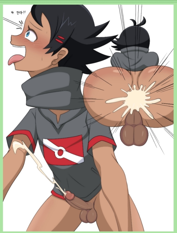 2boys, anal, anal sex, ash ketchum, ass, balls, black hair, blue eyes, blush, bottomless, cum, cum in ass, cum inside, cumshot, dark skin, dark-skinned femboy, dark-skinned male, dominant male, ejaculation, femboy, goh (pokemon), jinanju, male, male only, open mouth, penis, pokemon, pokemon journeys, satoshi (pokemon), trap
