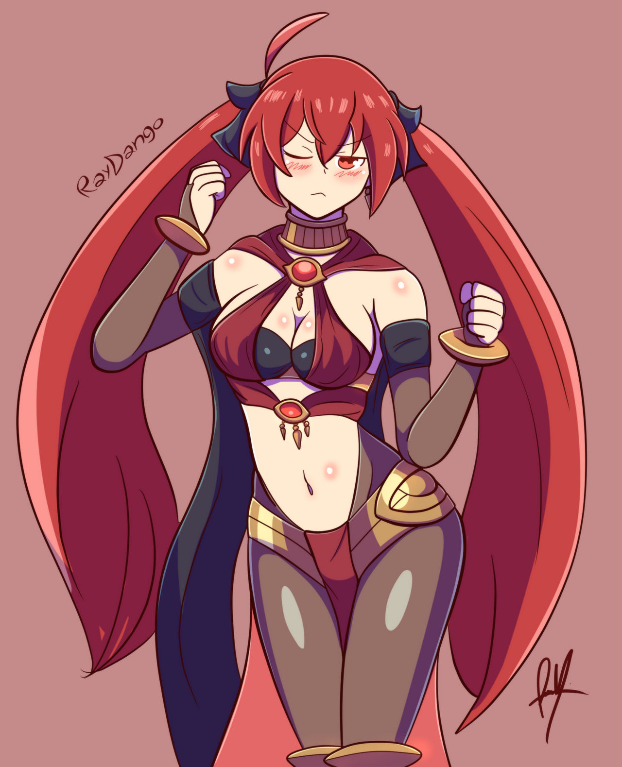 alternate costume, artist signature, big breasts, blush, breasts, cleavage, collar, cosplay, dancer, dancer outfit, dancing, dorothea arnault (cosplay), dorothea arnault (plegian) (cosplay), female, female only, fire emblem, fire emblem fates, harem outfit, medium breasts, midriff, nintendo, raydango, red hair, selena (fire emblem fates), severa (fire emblem), solo, solo female, twintails