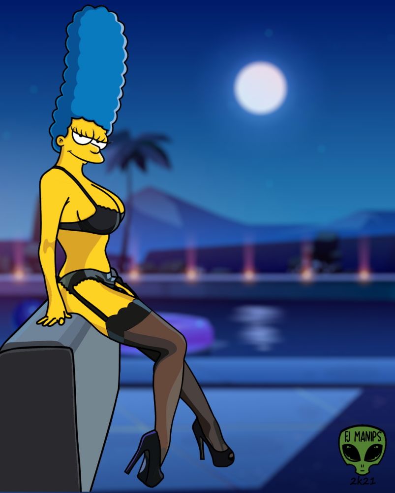 big_breasts black_bra black_lingerie blue_hair blur blurry bra fjm garter_belt high_heels hills lingerie marge_simpson milf moon moonlight mountain night palm_tree pose posing side_view sitting smile smiling smiling_at_viewer solo stars stockings suspenders swimming_pool the_simpsons yellow_skin