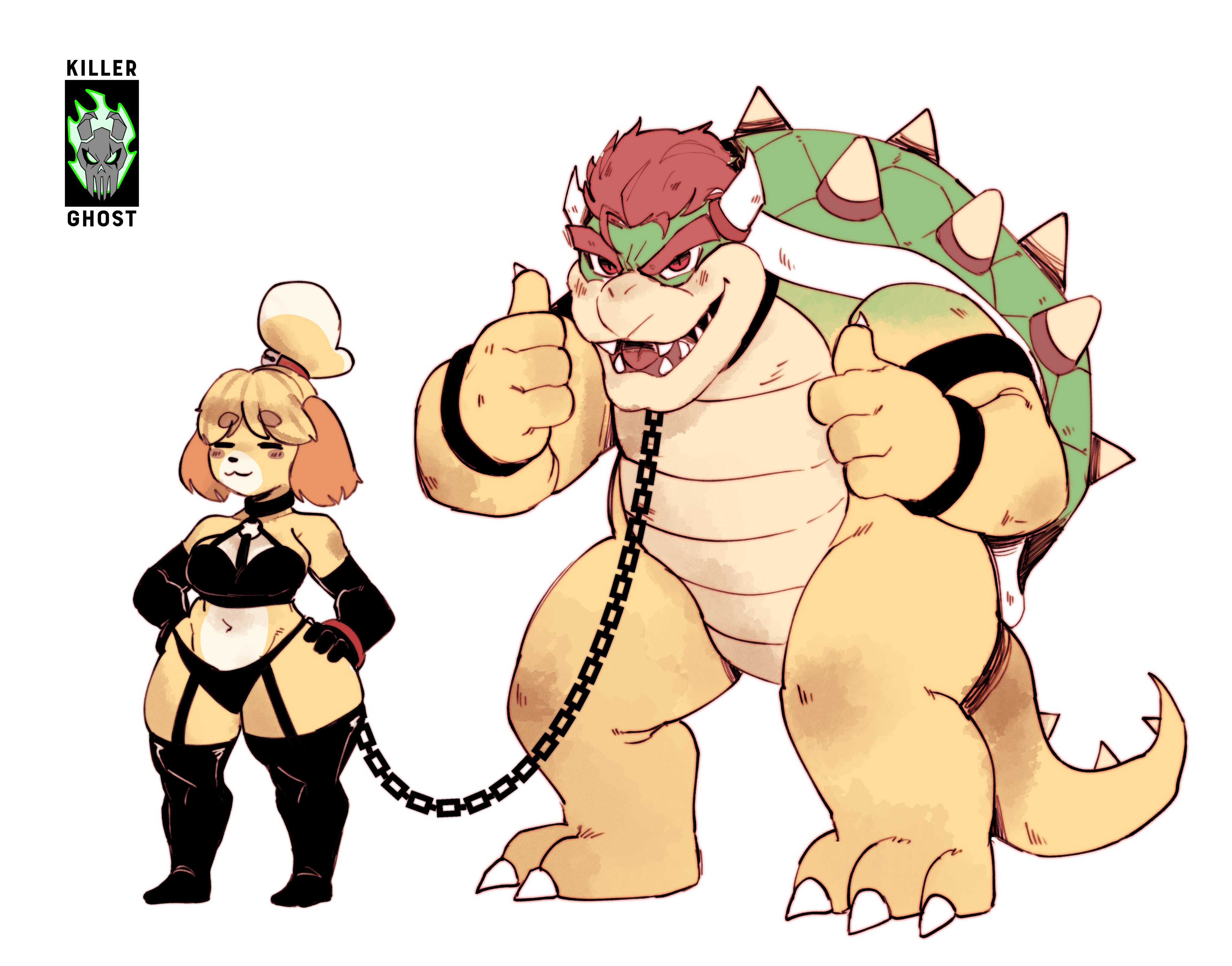 1boy, 1girls, 1girls1boy, animal crossing, big sub small dom, bondage, bondage gear, bowser, chained, chained collar, chains, consensual, crossover, defeated villain, dog, dominatrix, duo, elbow gloves, femdom, gloves, interspecies, isabelle (animal crossing), killerghost, leash and collar, lordkillerghost, malesub, mario (series), nintendo, petplay, restrained, size difference, small dom big sub, spikes, tagme, thighhighs, turtle
