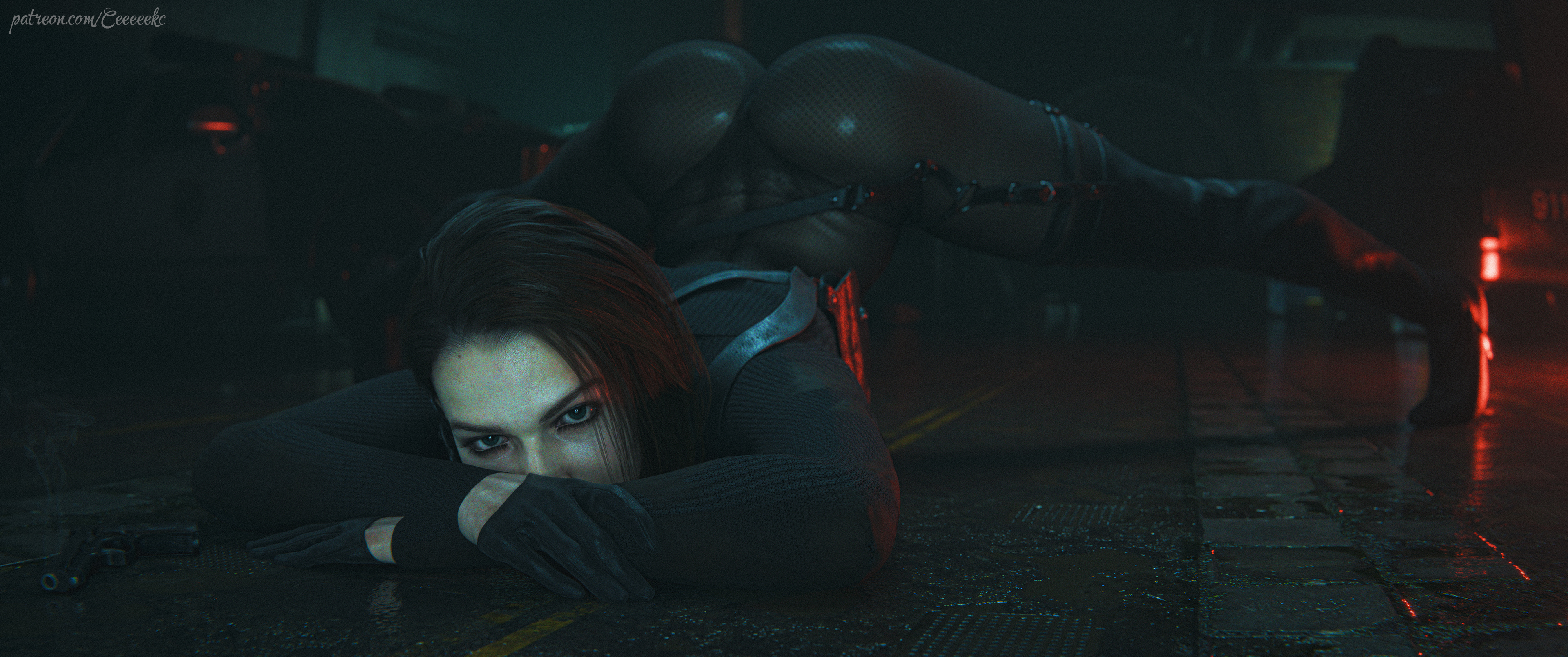 1girls, 2026, 3d, ass, big ass, biohazard, blue eyes, bodystocking, brown hair, ceeeeekc, crop top, crop top sweater, detailed background, female, female only, full body, half gloves, head rest, high heel boots, high heels, highly detailed, holster, huge ass, in-game background, in-universe location, indoors, jack-o pose, jack-o' pose, jill valentine, jill valentine (sasha zotova), lace panties, legs, legs spread, long legs, long sleeves, looking at viewer, no visible genitalia, panties, panties visible through clothing, pistol, resident evil, resident evil 3, resident evil 3 remake, round ass, short hair, shoulder holster, solo, splits, spread legs, thigh high boots, thigh highs, thigh holster, thigh strap, thighhigh boots, thighhighs, thighs, useless clothing, weapon