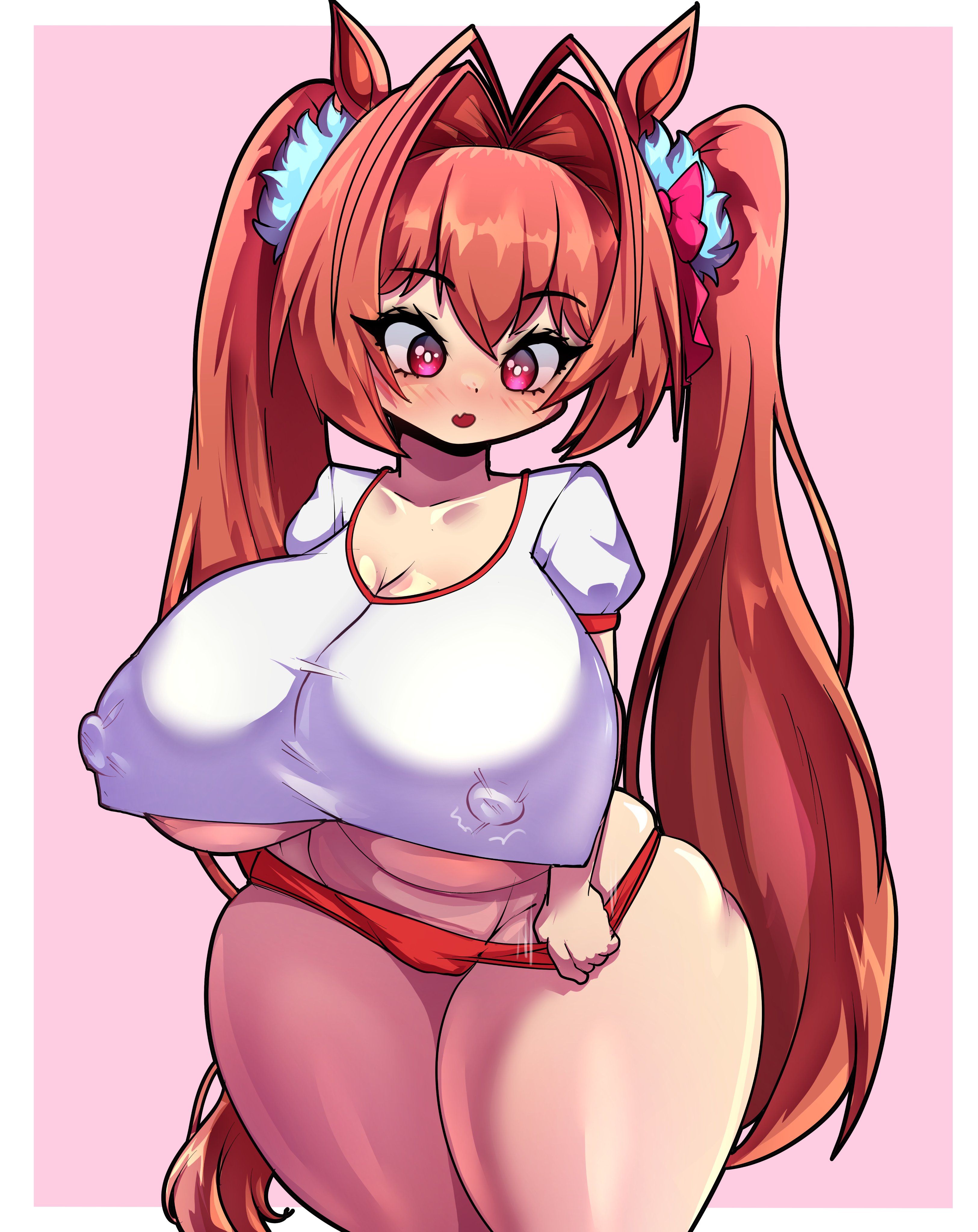 1girls, big breasts, blush, bow, breasts, brown hair, daiwa scarlet (umamusume), female, hairbow, horse ears, horse girl, horse tail, long hair, miyako noh, nipple bulge, oerba yun fang, partially clothed, red eyes, shorts pull, solo, solo female, sportswear, tail, twintails, umamusume