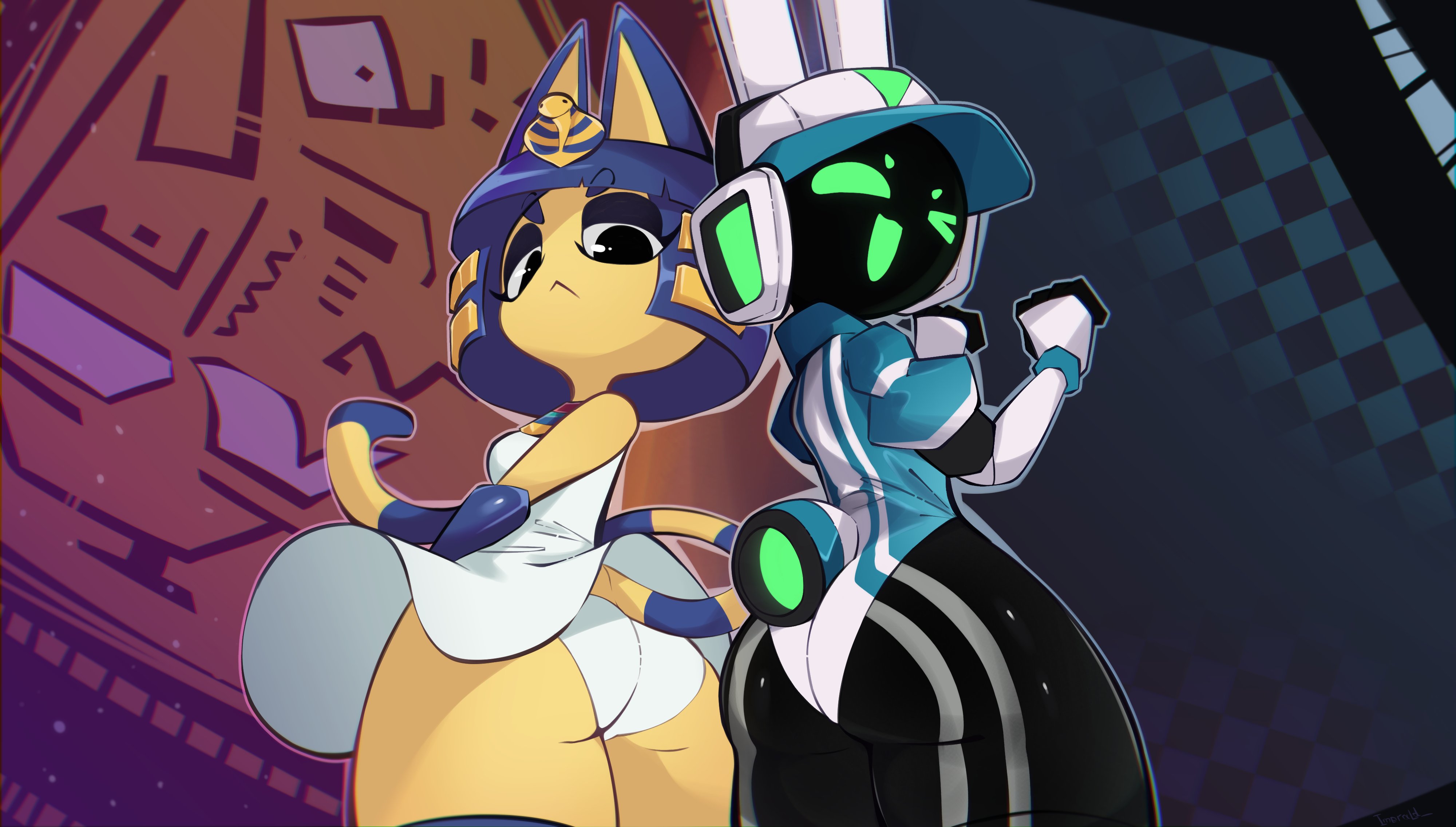 2girls, animal crossing, ankha, ankha (animal crossing), ass, blue hair, cat ears, cat tail, egyptian, imerald , looking at viewer, looking back, nintendo, project turboblast, robot, shortstack, smile, tail, tempo (project turboblast), wink, yellow body, yellow fur